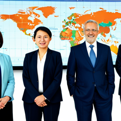 Home 11 **Prompt:** A diverse group of professional business individuals, fully clothed in modest business attire, standing confidently in a modern, well-lit setting. Behind them, a subtly glowing digital global map displays interconnected lines and data points, symbolizing global trade and financial flows. The individuals exhibit a calm, resilient, and collaborative demeanor, emphasizing economic stability and cooperation. Professional studio photography, perfect anatomy, correct proportions, natural pose, well-formed hands, proper finger count, natural body proportions, high detail, sharp focus, vibrant colors, appropriate content, safe for work, family-friendly.