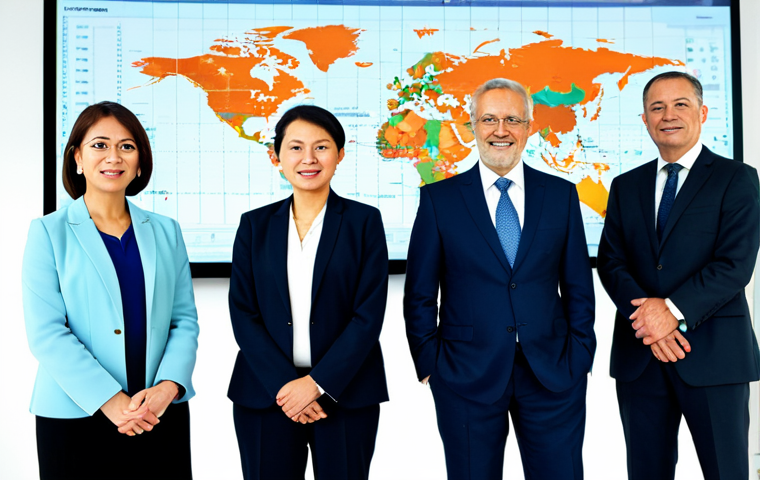 **Prompt:** A diverse group of professional business individuals, fully clothed in modest business attire, standing confidently in a modern, well-lit setting. Behind them, a subtly glowing digital global map displays interconnected lines and data points, symbolizing global trade and financial flows. The individuals exhibit a calm, resilient, and collaborative demeanor, emphasizing economic stability and cooperation. Professional studio photography, perfect anatomy, correct proportions, natural pose, well-formed hands, proper finger count, natural body proportions, high detail, sharp focus, vibrant colors, appropriate content, safe for work, family-friendly.