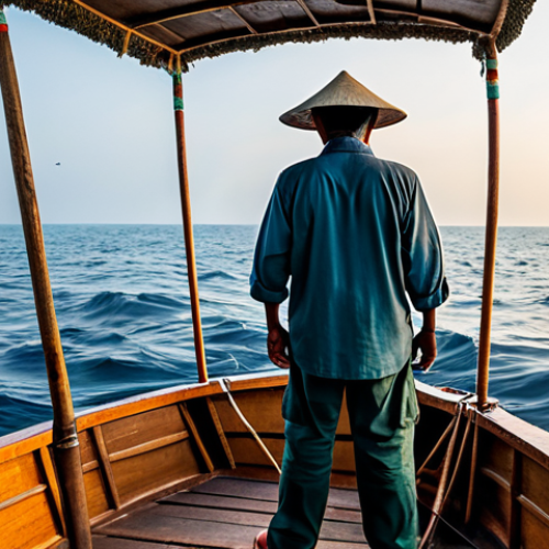 Home 6 A Southeast Asian fisherman, mature and resilient, wearing modest, practical fishing attire including a long-sleeved shirt, trousers, and a wide-brimmed hat. He is on a traditional wooden fishing boat in the calm waters of the South China Sea during a peaceful sunrise. In the far distance, a faint outline of a commercial cargo ship subtly hints at vital global trade routes. The scene emphasizes traditional livelihoods and the vastness of the ocean. The image is professional photography, realistic, high detail, with perfect anatomy, correct proportions, well-formed hands, proper finger count, and natural body proportions. It is safe for work, appropriate content, fully clothed, and family-friendly.