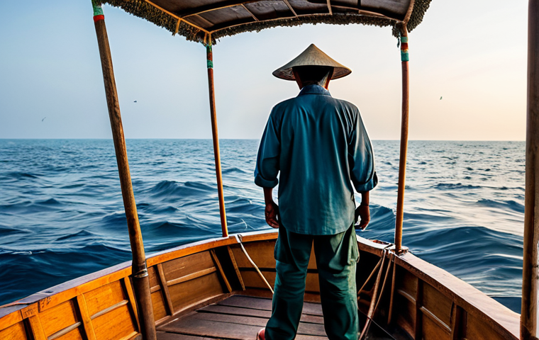 A Southeast Asian fisherman, mature and resilient, wearing modest, practical fishing attire including a long-sleeved shirt, trousers, and a wide-brimmed hat. He is on a traditional wooden fishing boat in the calm waters of the South China Sea during a peaceful sunrise. In the far distance, a faint outline of a commercial cargo ship subtly hints at vital global trade routes. The scene emphasizes traditional livelihoods and the vastness of the ocean. The image is professional photography, realistic, high detail, with perfect anatomy, correct proportions, well-formed hands, proper finger count, and natural body proportions. It is safe for work, appropriate content, fully clothed, and family-friendly.